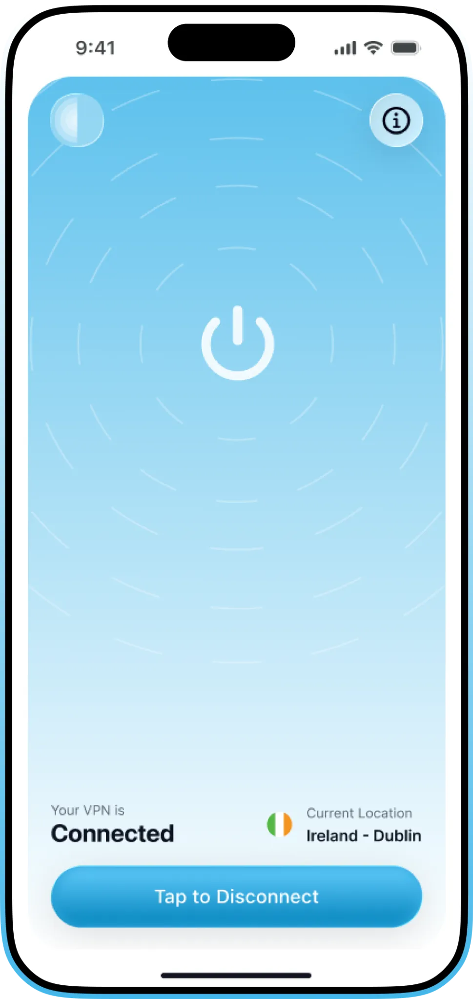 OLite VPN connected to Ireland on an iPhone